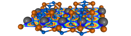 Crystal structure of MgF2He, together with a cross section of the electron localisation function (ELF). Grey/orange/blue spheres show the He/Mg/F atoms.